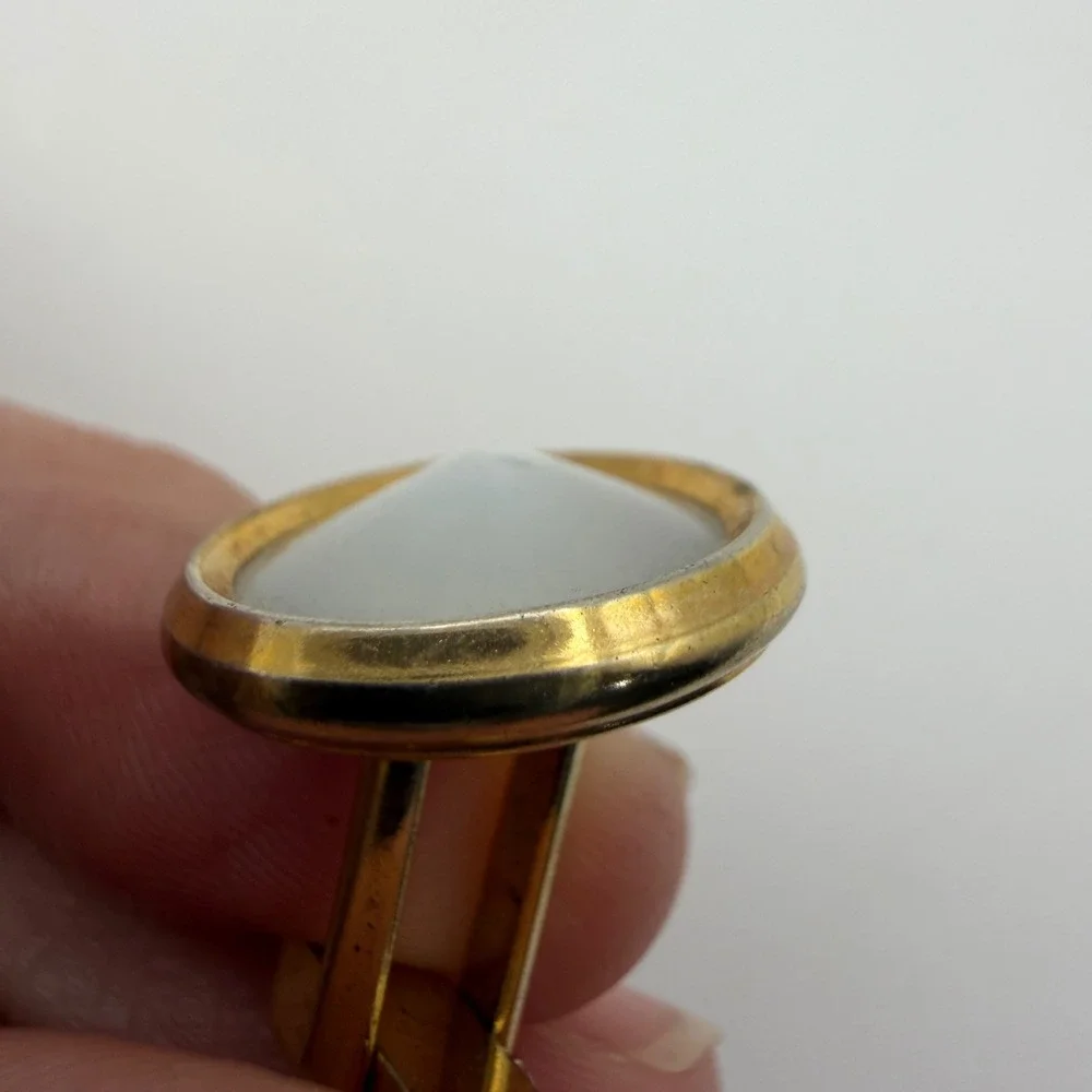 Anson Cufflinks Mens Gold tone Grey Cats Eye‎ Vintage Mid Century Round Toggle